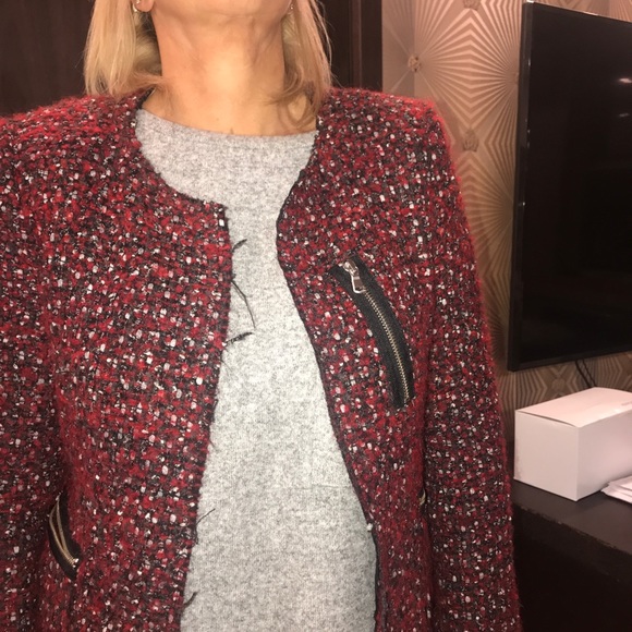 Zara woman red collarless tweed jacket L - Picture 4 of 8